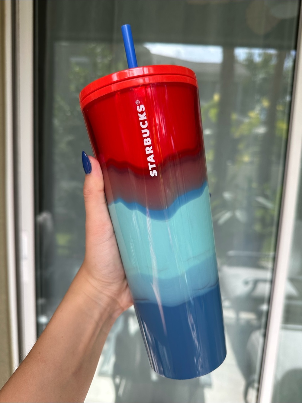 Starbucks Red, Aqua & Blue Ombre Tumbler with Blue Straw